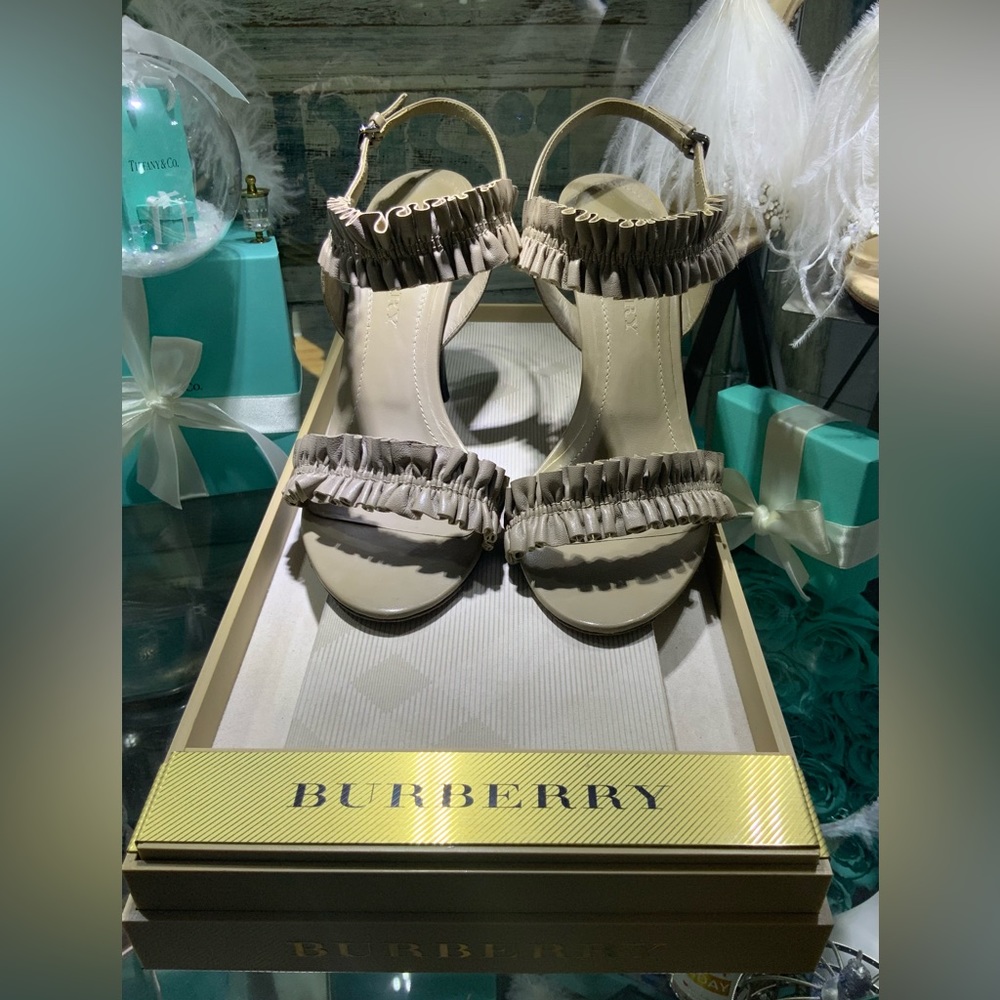 BURBERRY Flirty Ruffle Embellished Slingback Sandal Heels in Trench